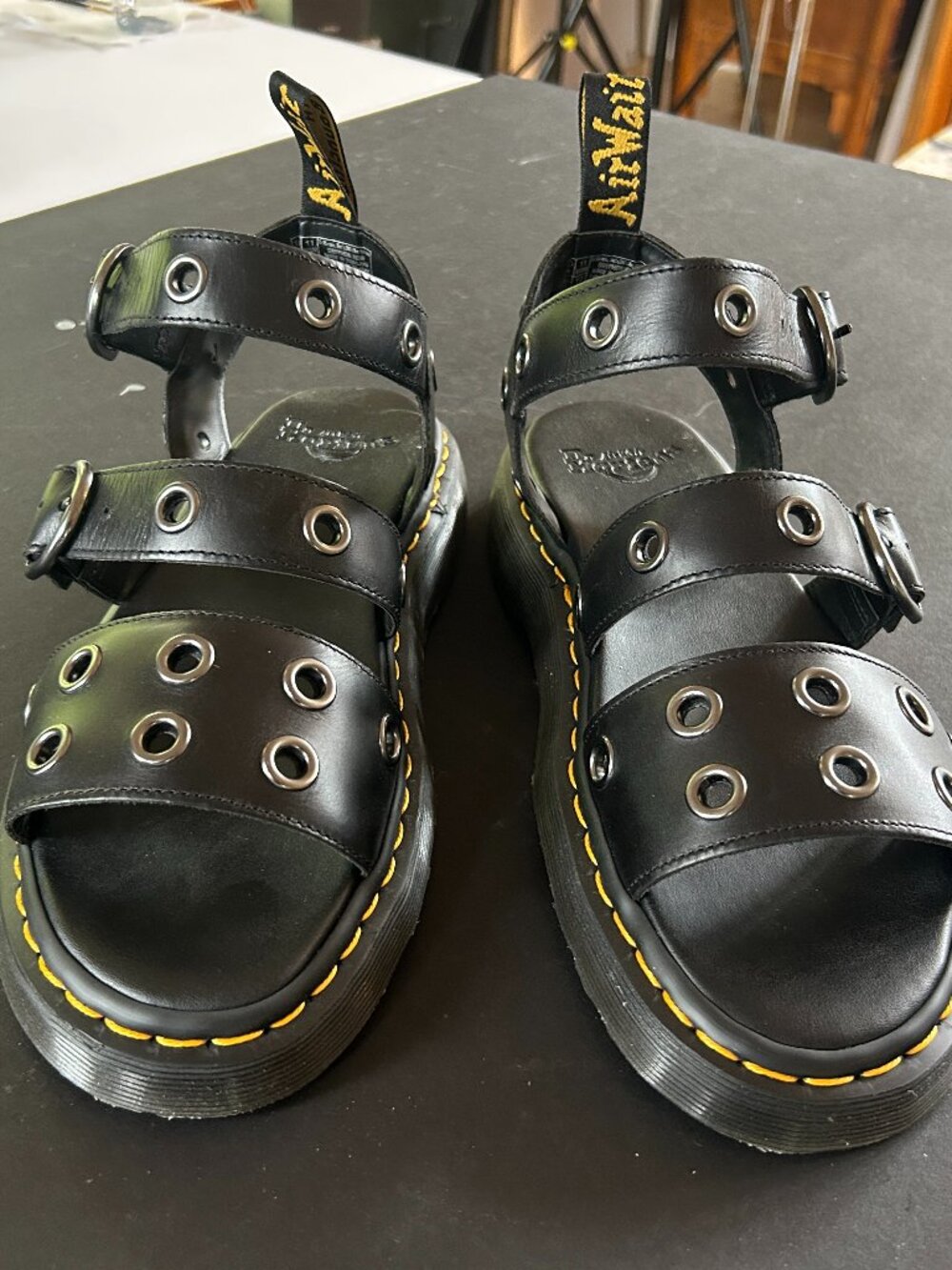 Doc Martens, sandals, gryphon hardware, black brando leather, unisex: size 12W